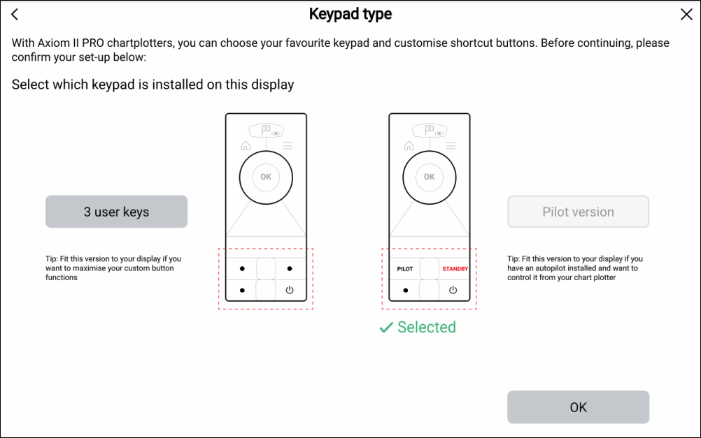 Axiom 2 Pro keypad type selection